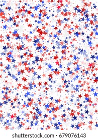Colors of USA flag background, blue and red stars flying on white. American Independence Day or President Day backdrop for card, banner or poster. Holiday stardust pattern.