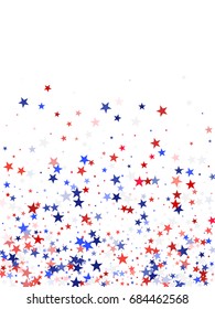 Colors of USA flag background, blue and red stars falling top down on white. American Independence Day or President Day backdrop for card, banner, poster. 4th of July holiday stardust pattern.