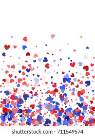 Colors of USA flag background, blue and red hearts falling down on white. American Patriot Day, Independence or President Day background for card, banner, poster. 4th of July holiday hearts pattern.