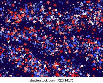 Colors of USA flag background, blue and red stars falling. American President Day background for card, banner, poster or flyer. Holiday star dust pattern in red, white, blue. USA symbols confetti.