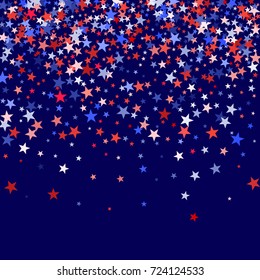 Colors of USA flag background, blue and red stars falling. American President Day background for card, banner, poster or flyer. Holiday star dust pattern in red, white, blue. USA symbols confetti.