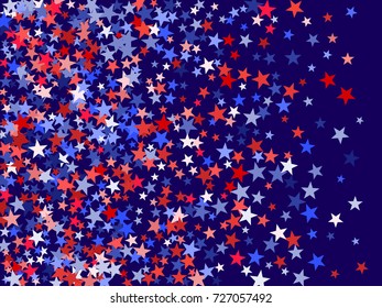 Colors of USA flag background, blue and red stars falling. American President Day background for card, banner, poster or flyer. Holiday star dust pattern in red, white, blue. USA symbols confetti.