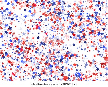 Colors of USA flag background, blue and red stars falling. American President Day background for card, banner, poster or flyer. Holiday star dust pattern in red, white, blue. USA symbols confetti.