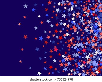 Colors of USA flag background, blue and red stars falling. American President Day background for card, banner, poster or flyer. Holiday star dust pattern in red, white, blue. USA symbols confetti.
