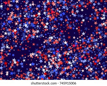Colors of USA flag background, blue and red stars falling. American President Day background for card, banner, poster or flyer. Holiday star dust pattern in red, white, blue. USA symbols confetti.