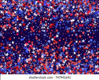 Colors of USA flag background, blue and red stars falling. American President Day background for card, banner, poster or flyer. Holiday star dust pattern in red, white, blue. USA symbols confetti.