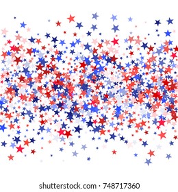 Colors of USA flag background, blue and red stars falling. American President Day background for card, banner, poster or flyer. Holiday star dust pattern in red, white, blue. USA symbols confetti.