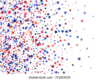 Colors of USA flag background, blue and red stars falling. American President Day background for card, banner, poster or flyer. Holiday star dust pattern in red, white, blue. USA symbols confetti.