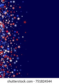 Colors of USA flag background, blue and red stars falling. American President Day background for card, banner, poster or flyer. Holiday star dust pattern in red, white, blue. USA symbols confetti.
