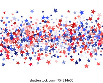 Colors of USA flag background, blue and red stars falling. American President Day background for card, banner, poster or flyer. Holiday star dust pattern in red, white, blue. USA symbols confetti.