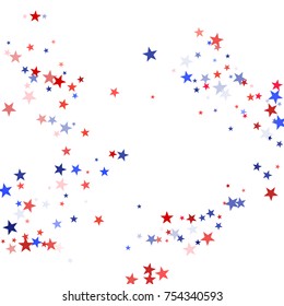 Colors of USA flag background, blue and red stars falling. American President Day background for card, banner, poster or flyer. Holiday star dust pattern in red, white, blue. USA symbols confetti.