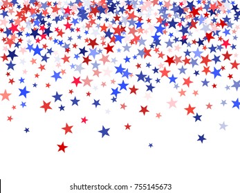 Colors of USA flag background, blue and red stars falling. American President Day background for card, banner, poster or flyer. Holiday star dust pattern in red, white, blue. USA symbols confetti.