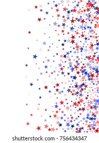 Colors of USA flag background, blue and red stars falling. American President Day background for card, banner, poster or flyer. Holiday star dust pattern in red, white, blue. USA symbols confetti.