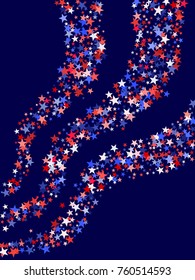 Colors of USA flag background, blue and red stars falling. American President Day background for card, banner, poster or flyer. Holiday star dust pattern in red, white, blue. USA symbols confetti.
