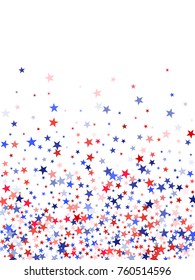 Colors of USA flag background, blue and red stars falling. American President Day background for card, banner, poster or flyer. Holiday star dust pattern in red, white, blue. USA symbols confetti.