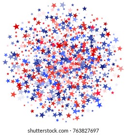 Colors of USA flag background, blue and red stars falling. American President Day background for card, banner, poster or flyer. Holiday star dust pattern in red, white, blue. USA symbols confetti.