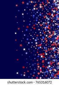 Colors Of USA Flag Background, Blue And Red Stars Falling. American President Day Background For Card, Banner, Poster Or Flyer. Holiday Star Dust Pattern In Red, White, Blue. USA Symbols Confetti.