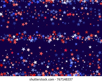 Colors of USA flag background, blue and red stars falling. American President Day background for card, banner, poster or flyer. Holiday star dust pattern in red, white, blue. USA symbols confetti.