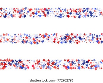 Colors of USA flag background, blue and red stars falling. American President Day background for card, banner, poster or flyer. Holiday star dust pattern in red, white, blue. USA symbols confetti.