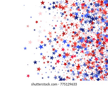 Colors of USA flag background, blue and red stars falling. American President Day background for card, banner, poster or flyer. Holiday star dust pattern in red, white, blue. USA symbols confetti.