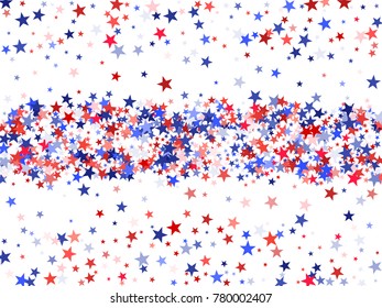 Colors of USA flag background, blue and red stars falling. American President Day background for card, banner, poster or flyer. Holiday star dust pattern in red, white, blue. USA symbols confetti.