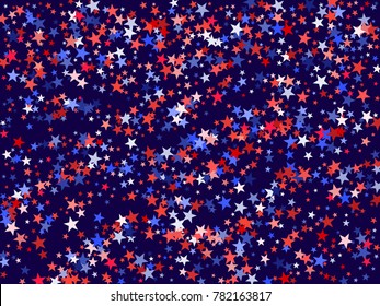 Colors of USA flag background, blue and red stars falling. American President Day background for card, banner, poster or flyer. Holiday star dust pattern in red, white, blue. USA symbols confetti.