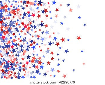 Colors of USA flag background, blue and red stars falling. American President Day background for card, banner, poster or flyer. Holiday star dust pattern in red, white, blue. USA symbols confetti.