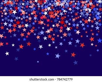 Colors of USA flag background, blue and red stars falling. American President Day background for card, banner, poster or flyer. Holiday star dust pattern in red, white, blue. USA symbols confetti.