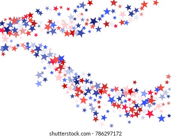 Colors of USA flag background, blue and red stars falling. American President Day background for card, banner, poster or flyer. Holiday star dust pattern in red, white, blue. USA symbols confetti.