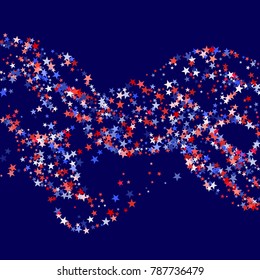Colors of USA flag background, blue and red stars falling. American President Day background for card, banner, poster or flyer. Holiday star dust pattern in red, white, blue. USA symbols confetti.