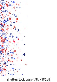Colors of USA flag background, blue and red stars falling. American President Day background for card, banner, poster or flyer. Holiday star dust pattern in red, white, blue. USA symbols confetti.