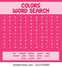Colors Word Search worksheet. Educational worksheet for preschool. Ready to print. Printable sheet. Vector illustration file.