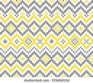 Colors of year 2021 illuminating yellow and ultimate gray geometric seamless pattern with pixel art rhombus on white background. Abstract diamond vector pattern. Simple vector illustration