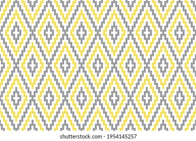 Colors of year 2021 illuminating yellow and ultimate gray geometric seamless pattern with pixel art rhombus on white background. Abstract diamond vector pattern. Simple vector illustration