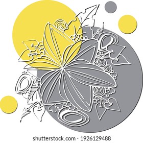 Colors of the year 2021 - vector floral line doodles with papercut out effect. Popular colors in 2021, isolated absract stock illustration for design, all objects are on separated layers