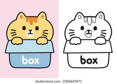 Colorting book.Painting book for kid.Cute cat stay in box cartoon.Pet animal hand drawn.Meow lover.Baby graphic.Outline.Clipart.School.Kawaii.Vector.Illustration.