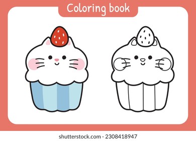 Colorting book.Painting book for kid.Cute cat cupcake with strawberry cartoon.Pet animal character design.Meow lover.Baby graphic.Outline.Clipart.School.Kawaii.Vector.Illustration.