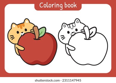 Colorting book.Painting book for kid.Cute cat eating apple cartoon hand drawn.Meow lover.Pet animal.Fruit hand drawn.Kawaii.Vector.Illustration.