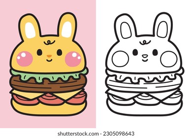 Colorting book.Painting book for kid.Cute hamburger in rabbit shape cartoon.Bunny hand drawn.Fast food.Kawaii.Vector.Illustration.