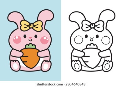 Colorting book.Painting book for kid.Cute rabbit doll wear bow sitting and hold big carrot cartoon.Wild animal hand drawn.Toy.Baby graphic.Outline.Clipart.School.Easter day.Kawaii.Vector.Illustration.