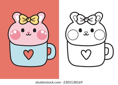 Colorting book.Painting book for kid.Cute rabbit in coffee cup cartoon.Pet animal character design.Baby graphic.Outline.Clipart.School.Kawaii.Vector.Illustration.