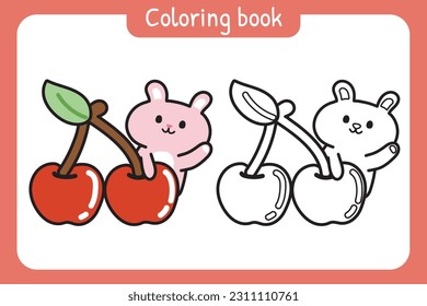 Colorting book.Painting book for kid.Cute rabbit with cherry cartoon.Wild animal character design.Baby graphic.Fruit.Outline.Clipart.School.Kawaii.Vector.Illustration.