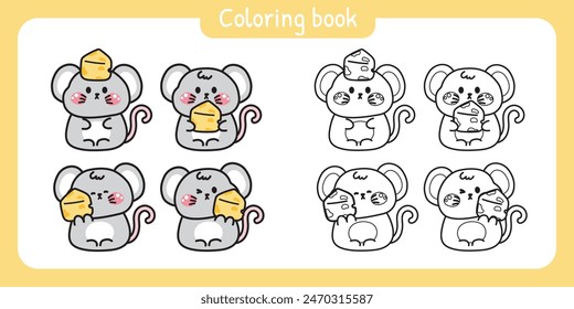 Libro para colorear.Libro de pintura para niño.Rata linda con queso en varias poses.Ratones.Roedor personaje animal dibujo animado.Art.Student.School.Kawaii.Vector.Illustration.