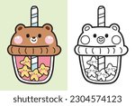 Colorting book.Painting book for kid.Cute teddy bear star bubble milk tea cup hand drawn.Wild animal.Baby cartoon.Outline.Clipart.School.Kawaii.Vector.Illustration.