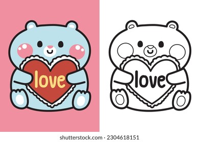 Colorting book.Painting book for kid.Cute teddy bear hold heart cartoon.Wild animal hand drawn.Toy.Doll.Baby graphic.Outline.Clipart.School.Kawaii.Vector.Illustration.