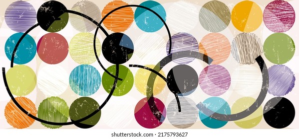 colorufl abstract background pattern, with circles, dots, semicircles, lines, paint strokes and splashes