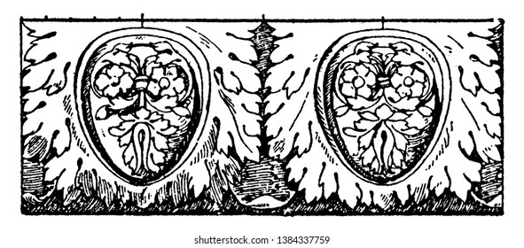 El moldeado colosal de huevos y hojas se encuentra en el templo de Júpiter, huevo y hoja y enriquecimiento, dibujo vintage de líneas o ilustración de grabado.