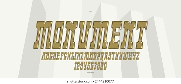 Colossal and monumental epic font, vintage vector typeface for emblems and logos, titles and headlines, display typography in old vintage antique style of empire power, italic version.