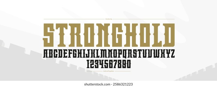 Colossal and monumental epic font, vintage vector typeface for emblems and logos, titles and headlines, display typography in old vintage antique style of empire power.