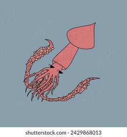 Colossal squid in the ocean. Vector cartoon hand drawn illustration of the animal in Antarctica. Polar mysterious squid with tentacles and texture undersea. Underwater life illustration